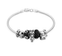 Bling Jewelry Bracelet Multi-Charms Pom-Pom Girl Noir Et Blanc Pour Maman De Footballeur, Femmes Et Adolescentes, Perle Style Européen En Argent Sterling .925, 7 Pouces