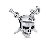 Breloque Tête De Mort De Pirate Des Caraïbes & Épées Croisées Pour Femme Pour Adolescente En Argent Sterling .925 Oxydé Compatible Avec Bracelet Européen