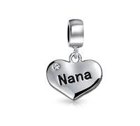 Bling Jewelry Charme Pendentif Cœur Nana Gravé Perle Pour Grand-Mère Accent Cristal Argent Sterling Oxydé .925 Compatible Avec Bracelet Européen