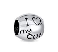 Bling Jewelry Chaton Animal De Compagnie Mots Disant J'Aime Mon Chat Breloque Perle Pour Femmes Pour Adolescente Argent Sterling .925 Oxydé Convient Au Bracelet Européen
