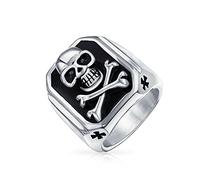 Bling Jewelry Chevalière Rectangulaire En Acier Inoxydable Ton Argent Avec Grand Crâne De Pirate Des Caraïbes Émaillé Noir Et Croix Osées Pour Hommes Et Adolescents