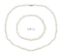Bling Jewelry Collier De Perles De Culture D'Eau Douce Blanches Nouées La Main Bracelet Extensible Boucles D'Oreilles 6Mm 3Pcs Paires De Paires Pour Femmes