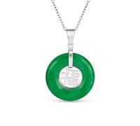 Bling Jewelry Collier De Style Asiatique Avec Disque Rond En Forme De Beignet, Symbole Chinois De Bonne Fortune Fu, En Jade Vert Teinté, Pour Femmes, En Argent Sterling.
