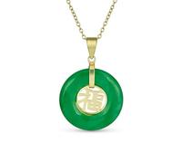 Bling Jewelry Collier De Style Asiatique Avec Disque Rond En Forme De Beignet, Symbole Chinois De La Bonne Fortune Et De Fu Teint En Vert Collier Pour Femmes En Argent Sterling Plaqué Or 14K