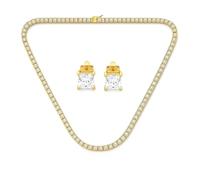 Bling Jewelry Collier De Tennis Classique En CZ Taille Princesse Et Ensemble De Bijoux Boucles D'Oreilles Clous Solitaires Carrés 1Ct En CZ Pour Femmes Hommes Mariage Bal Plaqué Or