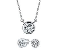 Bling Jewelry Collier En Argent Sterling 1Ct Solitaire Zircone Cubique Ronde Avec Lunette Collier Boucles D'Oreilles Pour Femmes .925