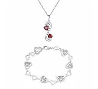Bling Jewelry Collier Infini Double Cœur Rouge Rubis Romantique & Bracelet Multi-Cœur CZ Clair Ensemble De Bijoux Pour Femmes Mariage Anniversaire En Argent Sterling .925