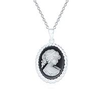 Collier Pendentif Camée Ovale Sculpté Noir Et Blanc De Style Antique Classique Vintage avec Portrait De Dame Victorienne Encadré pour Femmes en Argent Sterling .925