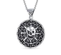 Bling Jewelry Collier Pendentif Crâne de Pirate Aztèque des Caraïbes Médaillon Rond Lourd et Large pour Hommes en Argent Sterling .925 Oxydé