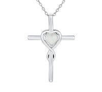 Bling Jewelry Collier Pendentif Croix Infini En Forme De Coeur En Opale Blanche Créée En Pierre Précieuse Éternelle Pour Femmes Adolescentes Argent Sterling .925 Pierre De Naissance D'Octobre