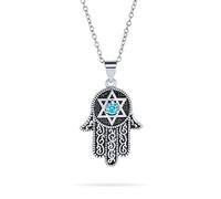 Bling Jewelry Collier Pendentif Main de Dieu Hamsa Judaïque Hanukkah Étoile de David avec Zircon Cubique Bleu CZ pour Femmes Plaqué Argent Noir Oxydé