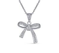 Collier Pendentif Nœud Ruban Romantique Délicat De Mariage En Zircone Cubique Claire Pavée CZ Pour Femme Pour Adolescente En Argent Sterling .925