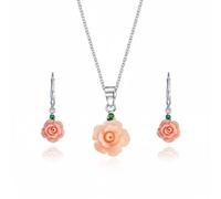 Bling Jewelry Collier Pendentif Romantique Délicat En Fleur 3D Rose Rose Avec Accent CZ Vert Et Boucles D'Oreilles Pendantes À Levier Pour Femmes En Argent Sterling .925