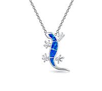 Bling Jewelry Collier Pour Femmes Ados En Argent Sterling Avec Pendentif Gecko En Opale Créée, De Couleur Bleue.