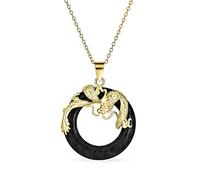 Bling Jewelry Collier Pour Femmes En Argent Sterling Plaqué 14K Or Jaune Avec Pendentif Dragon En Onyx Noir En Forme De Ronde Et De Cercle Ouvert.