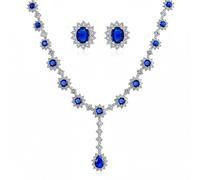 Bling Jewelry Collier Vintage Royal Bleu CZ Nuptial Oval Couronne Halo Et Boucles D'Oreilles Ovales CZ Assorties Ensemble De Bijoux Pour Femmes Mariage Bal Plaqué Argent