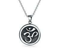 Bling Jewelry Disque Circulaire Aum Om Ohm Sanskrit Symbol Yoga Medallion Aum Om Ohm Collier Pendentif Pour Femmes Ados Hommes Collier Oxydé .925 Argent Sterling
