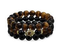 Bling Jewelry Ensemble de 3 bracelets extensibles en perles rondes d'œil de tigre marron, d'onyx noir et de main de Hamsa pour femmes, hommes, adolescents - métal plaqué or