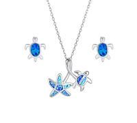 Bling Jewelry Ensemble De Bijoux Boucle D'Oreille En Étoile De Mer Et Tortue De Mer En Opale Bleue Iridescente Pour Femmes Et Adolescentes En Argent Sterling .925