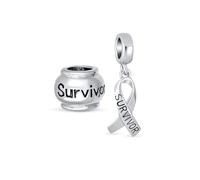 Bling Jewelry Ensemble de deux breloques ruban message inspirant survivant du cancer du sein pour femmes et adolescentes en argent sterling .925, compatible avec bracelet européen.