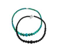 Bling Jewelry Ensemble de deux colliers de perles rondes classiques graduées en turquoise compressée vert bleu et onyx noir pour femmes, plaqué argent.