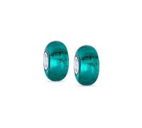 Bling Jewelry Ensemble de deux perles en verre Murano iridescent bleu-vert translucide solide pour femmes et adolescentes, noyau en argent sterling .925, compatible avec bracelet européen.