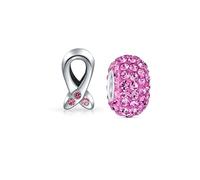 Bling Jewelry Ensemble De Deux Perles Intercalaires En Cristal Rose Foncé Solide Ruban Rose Pour Survivantes Du Cancer Du Sein 3 Cz En Argent Sterling Véritable S'Adapte Aux Bracelets Européens