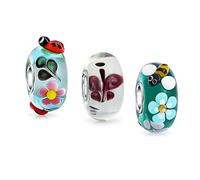 Bling Jewelry Ensemble D'Insectes De Jardin Mélangés Lot De Perles En Verre De Murano Translucide Multicolore Avec Cœur En Argent Sterling .925 Coccinelle Papillon Bourdon Perle Intercalaire 3D