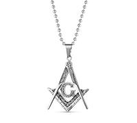 Bling Jewelry Grand Collier Pendentif Symbole Maçonnique Carré & Compas de la Société Secrète Franc-maçon en Acier Inoxydable Ton Argent Noirci avec Chaîne à Billes pour Hommes