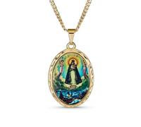 Bling Jewelry Médaille religieuse ovale de grande taille avec médaille de la Vierge Marie bénie et pendentif photo pour femmes adolescentes plaqué or jaune