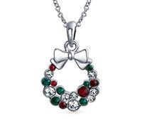 Bling Jewelry Mode Étincelante De Noël Avec Un Nœud Rouge Vert Et Blanc En Cristal Collier Pendentif De Couronne De Vacances Pour Femmes Et Adolescentes Plaqué Argent En Cristal