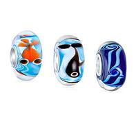 Bling Jewelry Paires De Breloques En Argent Sterling Translucide, En Verre De Murano, En Forme De Poisson, De Baleine Et De Vagues, Avec Entretoise, Pour Les Bracelets Européens Pour Femmes Ados