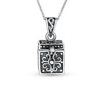 Bling Jewelry Pendentif Collier Boîte Médaillon Poisson Ichthys Floral Chrétien Religieux Pour Femmes Argent Sterling .925 Oxydé Porte Mémoire Commémoratif