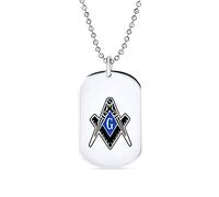 Bling Jewelry Pendentif Collier Plaque Militaire Compas Franc-Maçon Noir Bleu Pour Hommes Ton Argent Acier Inoxydable Avec Chaîne à Billes