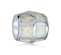Bling Jewelry Perle De Breloque En Forme De Baril Incrustée D'Opale Créée Blanche Pour Femmes Ados .925 Argent Sterling Pour Bracelet Européen