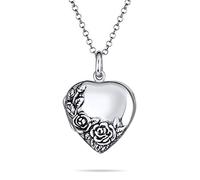 Bling Jewelry Personnalisé Graver Style Vintage Sculpté Floral Flower Rose Photo Heart Forme Collier Pendentif Pour Femmes Qui Tient Photos Oxidized .925 Argent Sterling Personnalisable