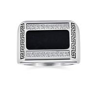 Bling Jewelry Personnaliser Bague Homme Rectangle Sceau Déclaration Design Clé Grecque Accent Pavé Géométrique CZ Zircone Cubique Émail Noir Acier Inoxydable