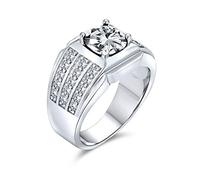 Bling Jewelry Personnalisez Bague de Fiançailles pour Homme avec Pierre Précieuse AAA Zircon Cubique 3 Rangées Pavé Large Côté 3CT AAA CZ Solitaire Déclaration Plaqué Argent Personnalisable