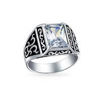Bling Jewelry Personnalisez La Bague De Fiançailles En Zircone Cubique Taille Émeraude AAA CZ Pour Hommes En Argent .925 Bicolore Oxydé Faite À La Main En Turquie Personnalisable