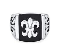 Bling Jewelry Personnalisez La Bague Sigillaire Carrée Fleur De Lis En Acier Inoxydable Ton Argent Avec Une Imitation De Pierre D'Onyx Noir Pour Hommes