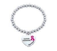 Bling Jewelry Ruban Rose Personnalisé Bracelet D'Alerte Médicale Pour Survivants Du Cancer Bracelet De Perles Extensible En Forme De Coeur Tag Gravé Sur Mesure