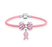 Bling Jewelry Support Breast Cancer Survivor Cristal Pink Ribbon Multi European Bead Charm Bracelet En Cuir Rose Véritable Pour Femmes .925 Argent Sterling Barrel Clasp 7 Inch