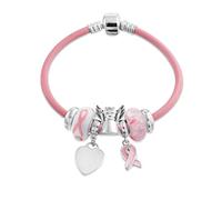 Bling Jewelry Support Breast Cancer Survivor Heart Pink Ribbon Multi European Bead Charm Bracelet En Cuir Véritable Pour Femmes .925 Argent Sterling Barrel Clasp 7 Inch