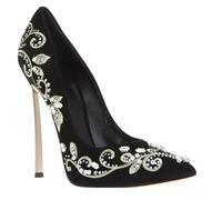 Bling Rhinestone Gold Silver Flower Embroidery Blade Heel Pumps High Heels Crystal Black Suede Pointed Toe Woman Shoes(Silver Metal Heel,37)
