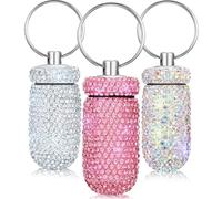 Bling Rhinestone Pill Case Keychain | Porte-pilule portable imperméable | Bouteille décorative en cristal mignon pour femme (tricolore)