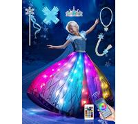 BLINGCOS Deguisement Fille, Robe Princesse Sync avec Rythme de Musique, Contrôlable par APP, Robe Lumineuse LED RGB Kit de Fête avec 6 Accessoires pour Halloween, Noël, Carnaval, 7-8 Ans