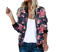 Blingko Bomber Veste Femme,Veste Zippé Court Femme Automne Blouson Bombers Femme Vintage Imprimé Fleur Léger Manteau De Moto Jacket Baseball Collège Mode Casual Sport Outwear X6#Hot Pink XXL