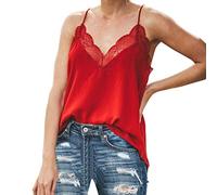 Blingko Camisole Femme Cami DéBardeurs Dentelle Garniture Col en V Caraco Hauts Spaghetti Sangle Gilet éTé sans Manches LâChe Camisoles Chic Tank Top Grande Taille Y9#red XL