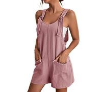 Blingko Combinaison Femme Salopette avec Poches Pantalon éTé DéContracté Coton Lin Combinaison Cravate Noeud Bretelles Salopette Mignon à Lacets Une éPaule Lin Short Chic Combinaison Short