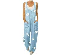 Blingko Combinaison Pantalon Femme Ete Fluide Chic,Couleur Unie Boutons Bretelles Salopette Loose Poches Baggy Lin Combinaison Décontractée Jambe Large Pantalon Barboteuse Y#bleu ciel